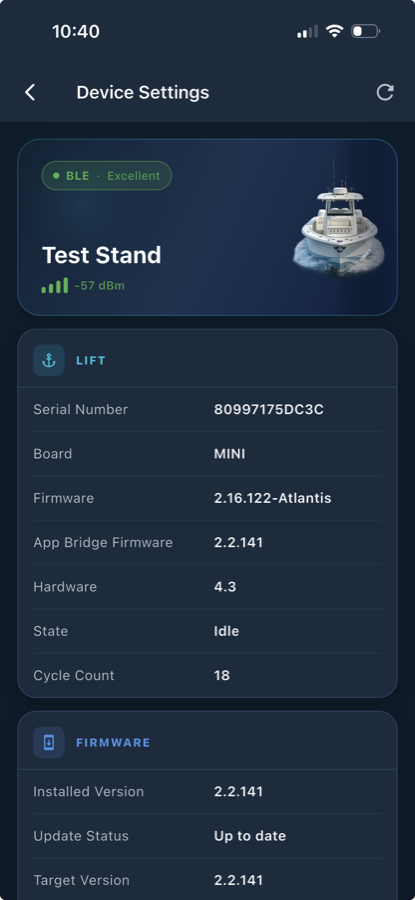 Atlantis Boater device settings screen