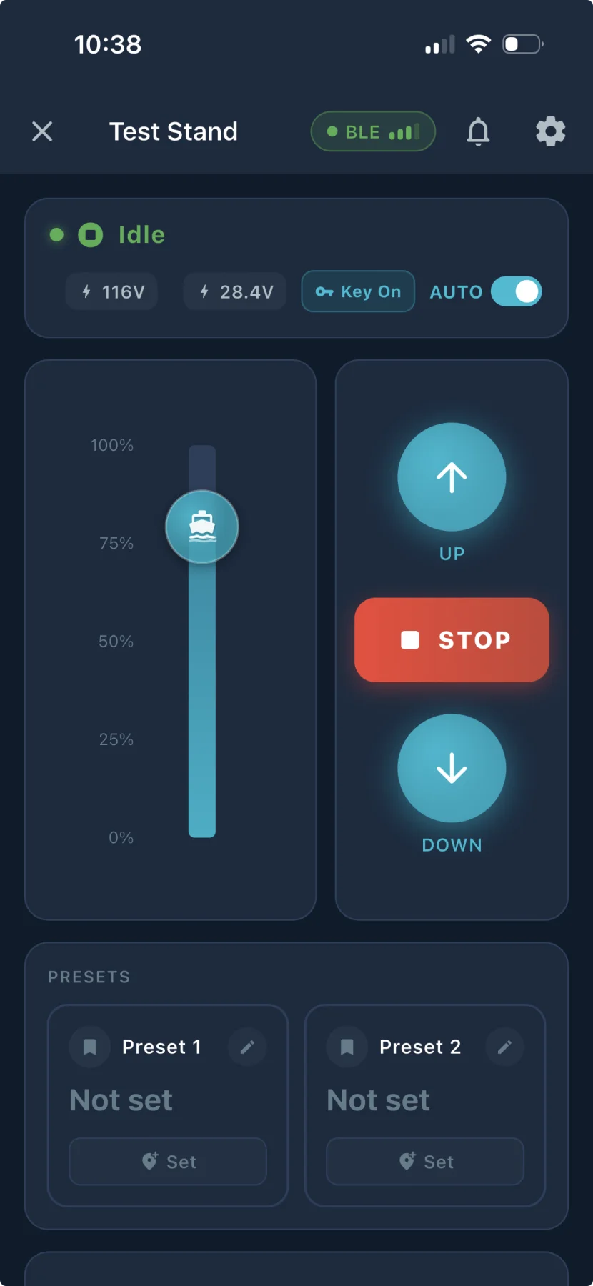 Atlantis Boater app boat lift control screen with Bluetooth connection, live position, up, stop and down controls and presets
