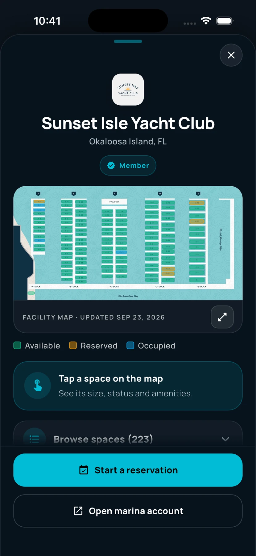 Sunset Isle Yacht Club facility map in the Atlantis Boater app with available, reserved and occupied spaces
