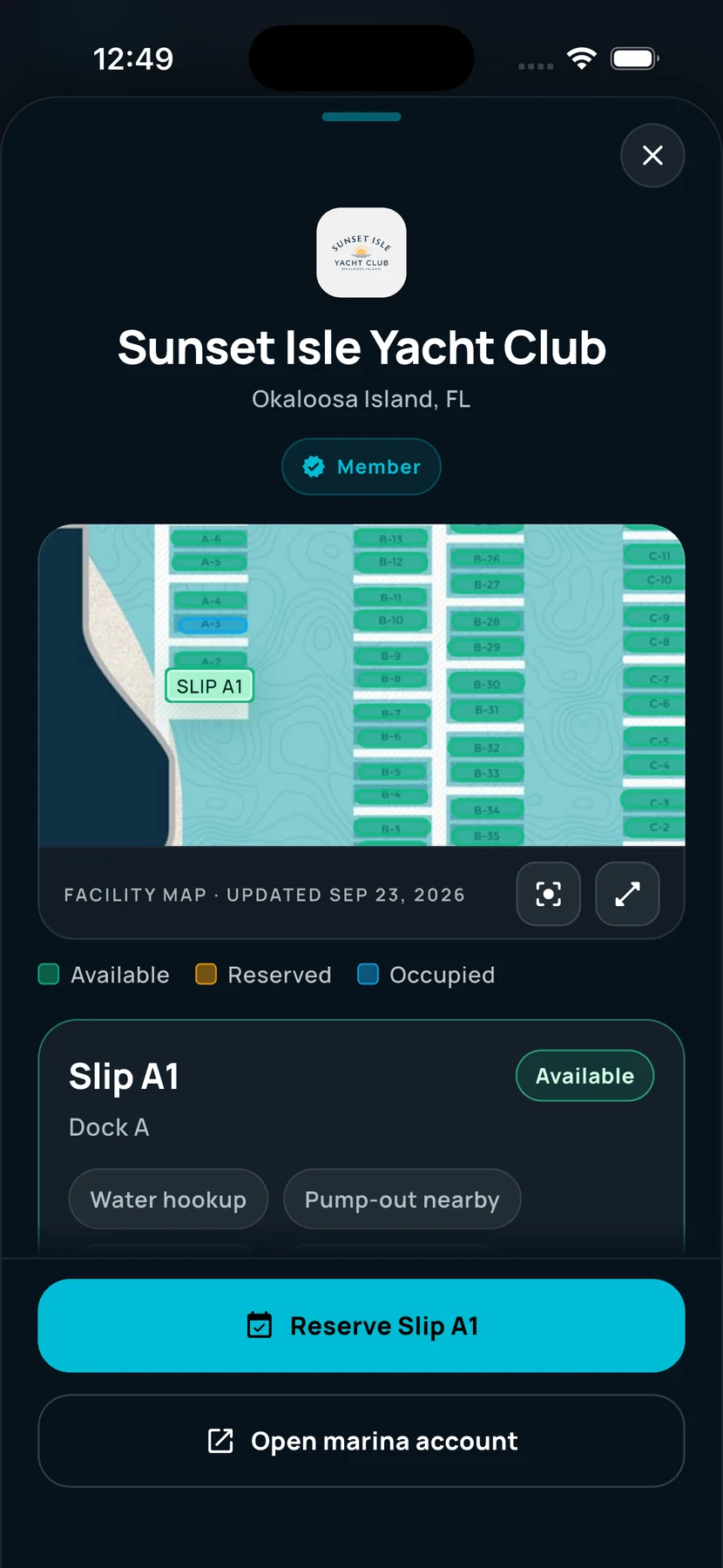 Atlantis Boater app slip request for Slip A1 on Dock A at Sunset Isle Yacht Club, shown as available