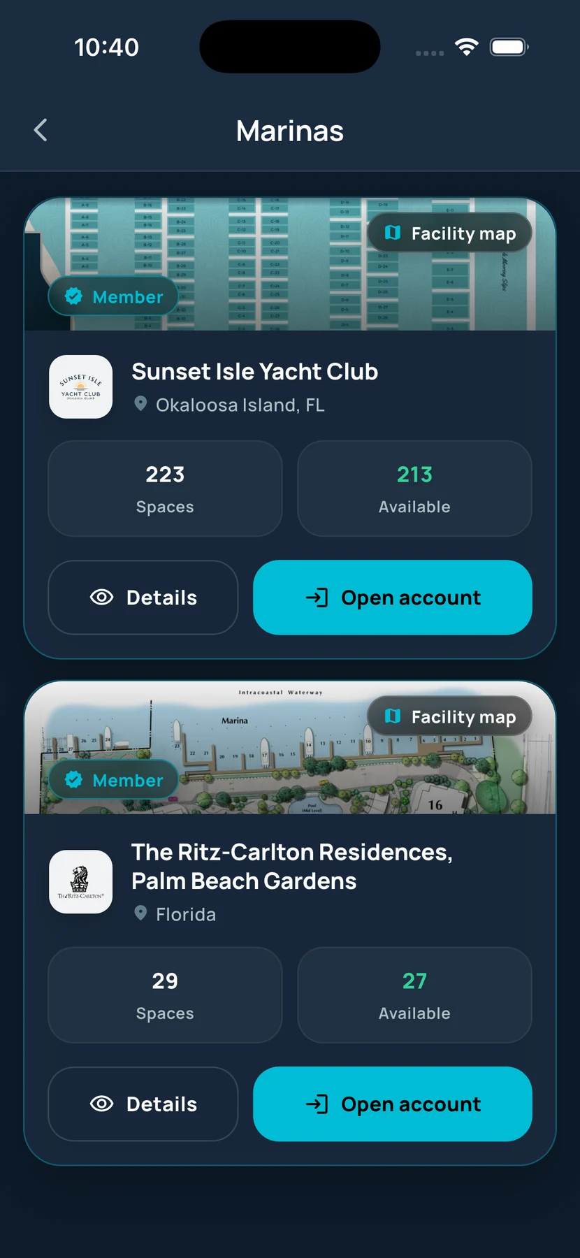 Atlantis Boater App marina directory screen with facility-map previews