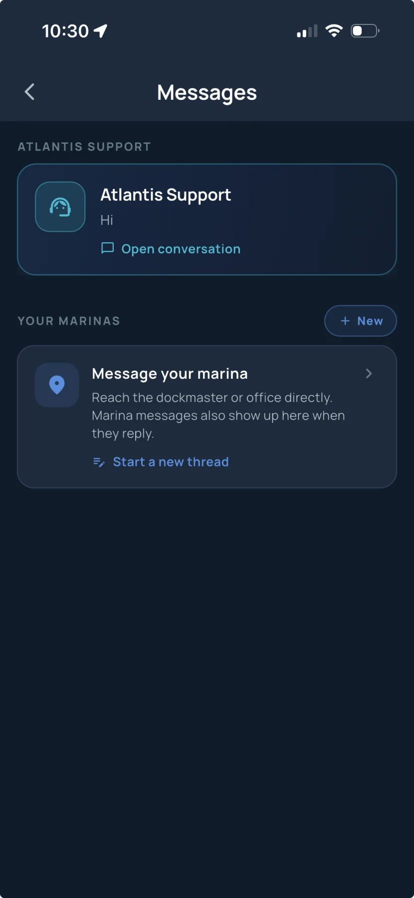 Atlantis Boater app messages screen with Atlantis Support and a Message your marina thread to reach the dockmaster or office