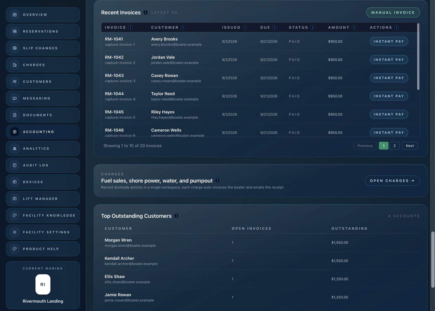 Atlantis Marina billing workspace with invoices, autopay and payment status for a demo marina