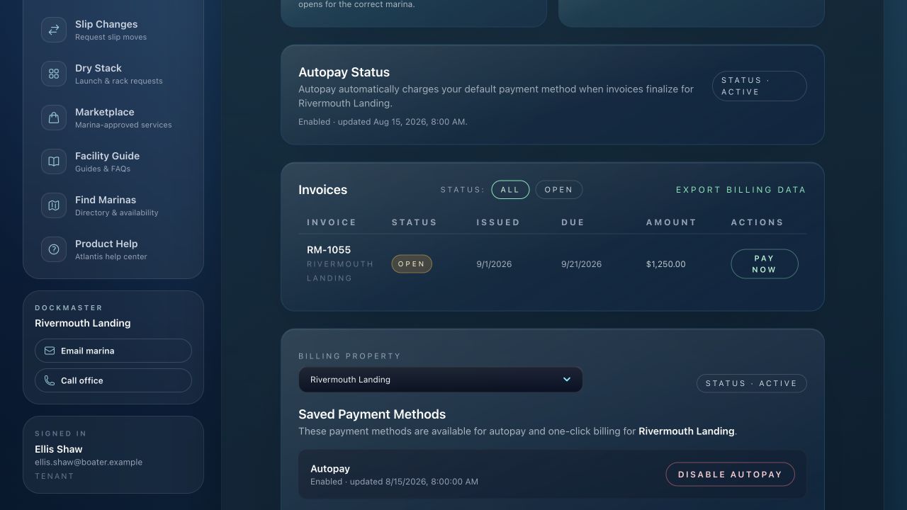 Atlantis Marina boater billing page with invoices and balances for a demo marina