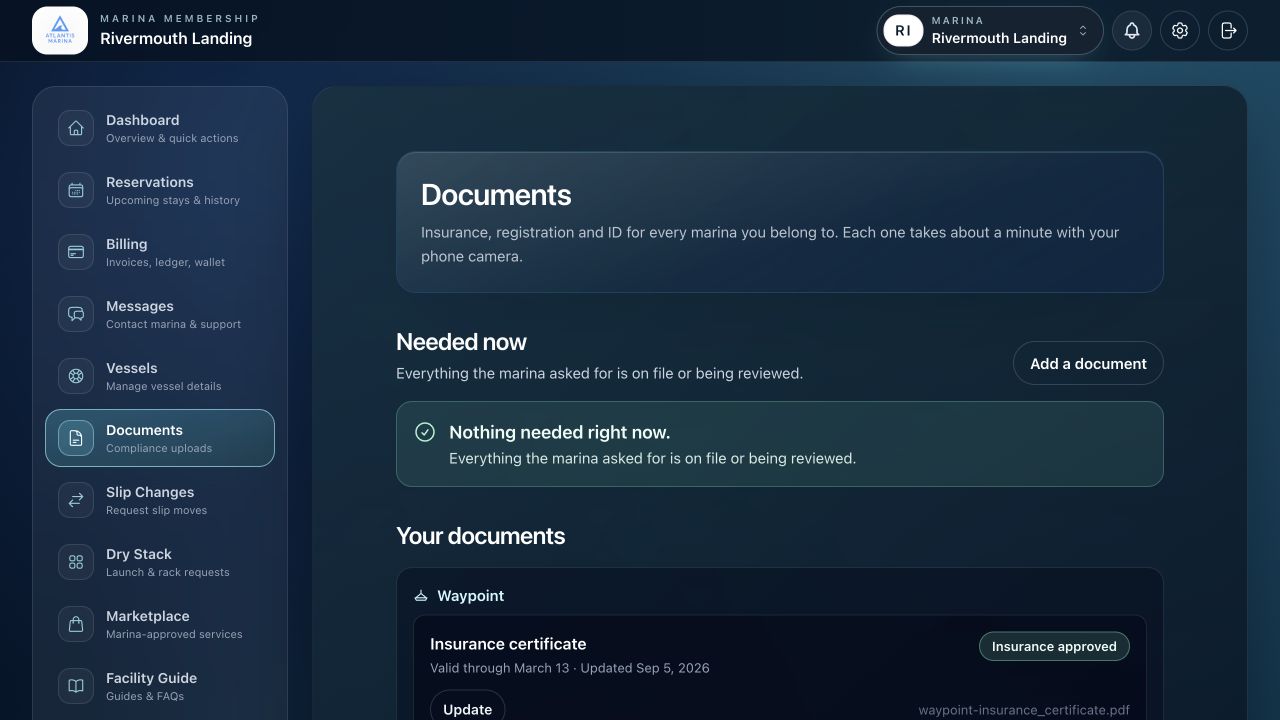 Atlantis Marina boater documents page with files shared with a demo marina