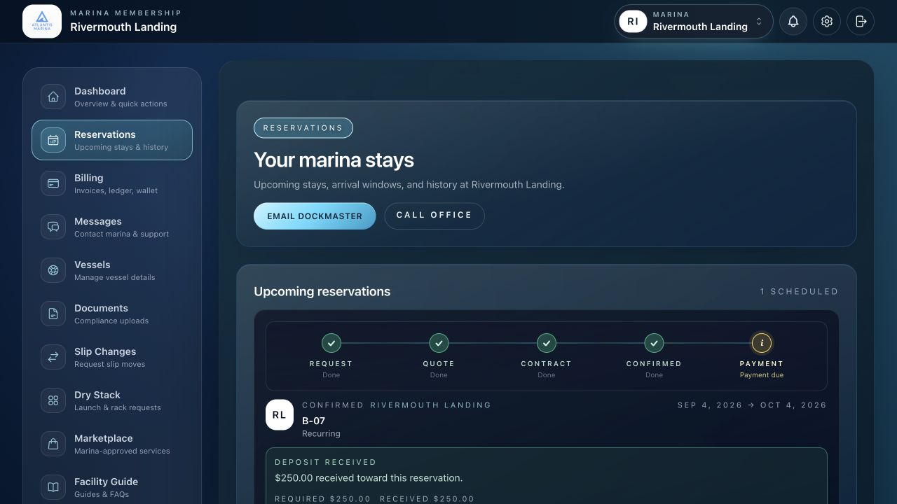 Atlantis Marina boater reservations page with marina stays and requests for a demo marina
