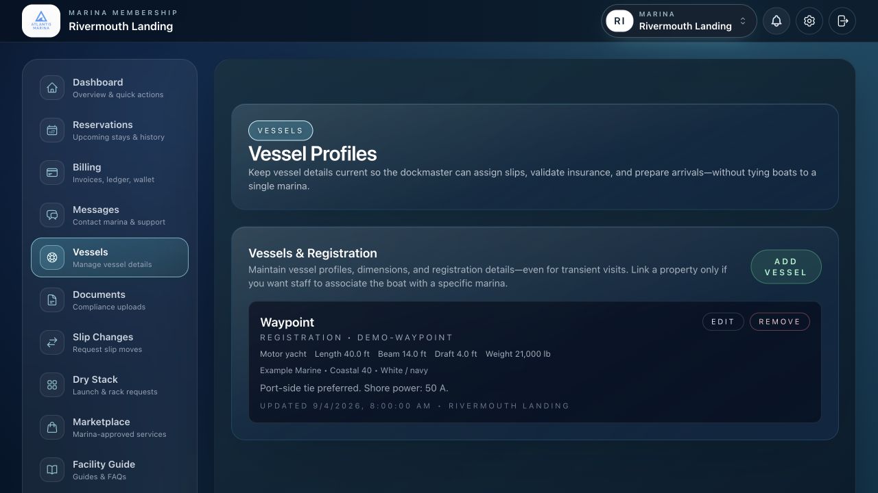 Atlantis Marina boater vessels page with boat records for a demo marina