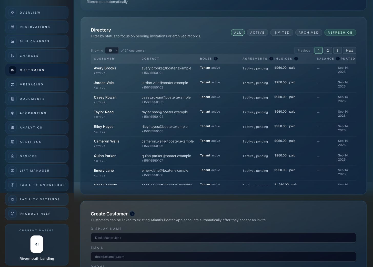 Atlantis Marina customer directory with customer and vessel records for a demo marina