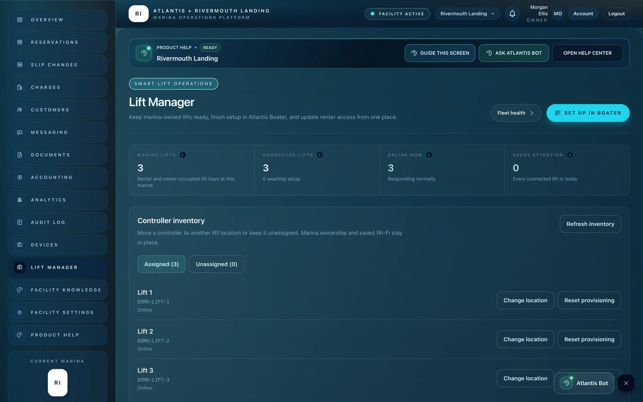 Atlantis Marina Lift Manager with marina lifts, connected lifts, online status and the controller inventory for a demo marina