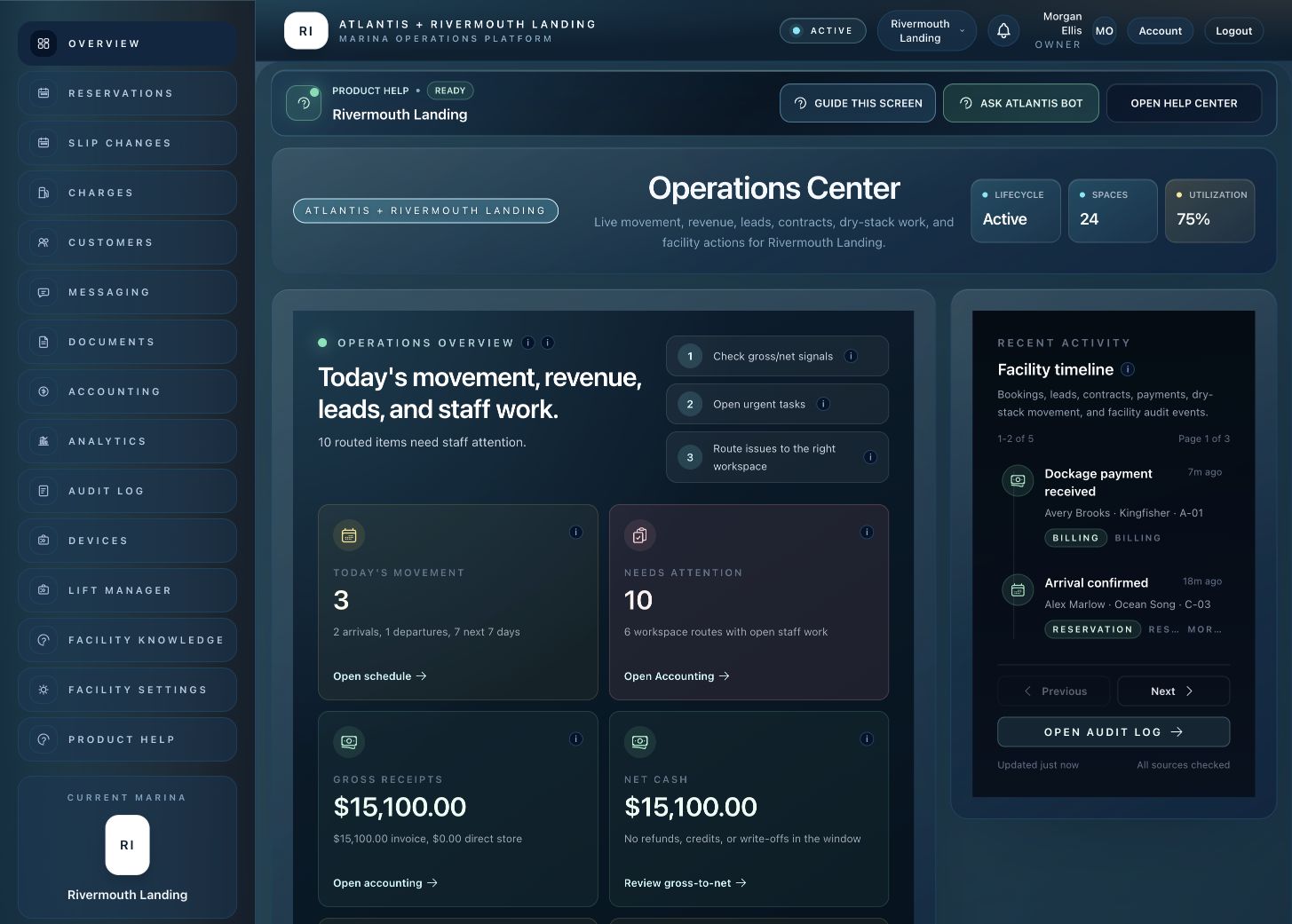 Atlantis Marina operations dashboard showing arrivals, staff work, revenue and recent activity for a demo marina
