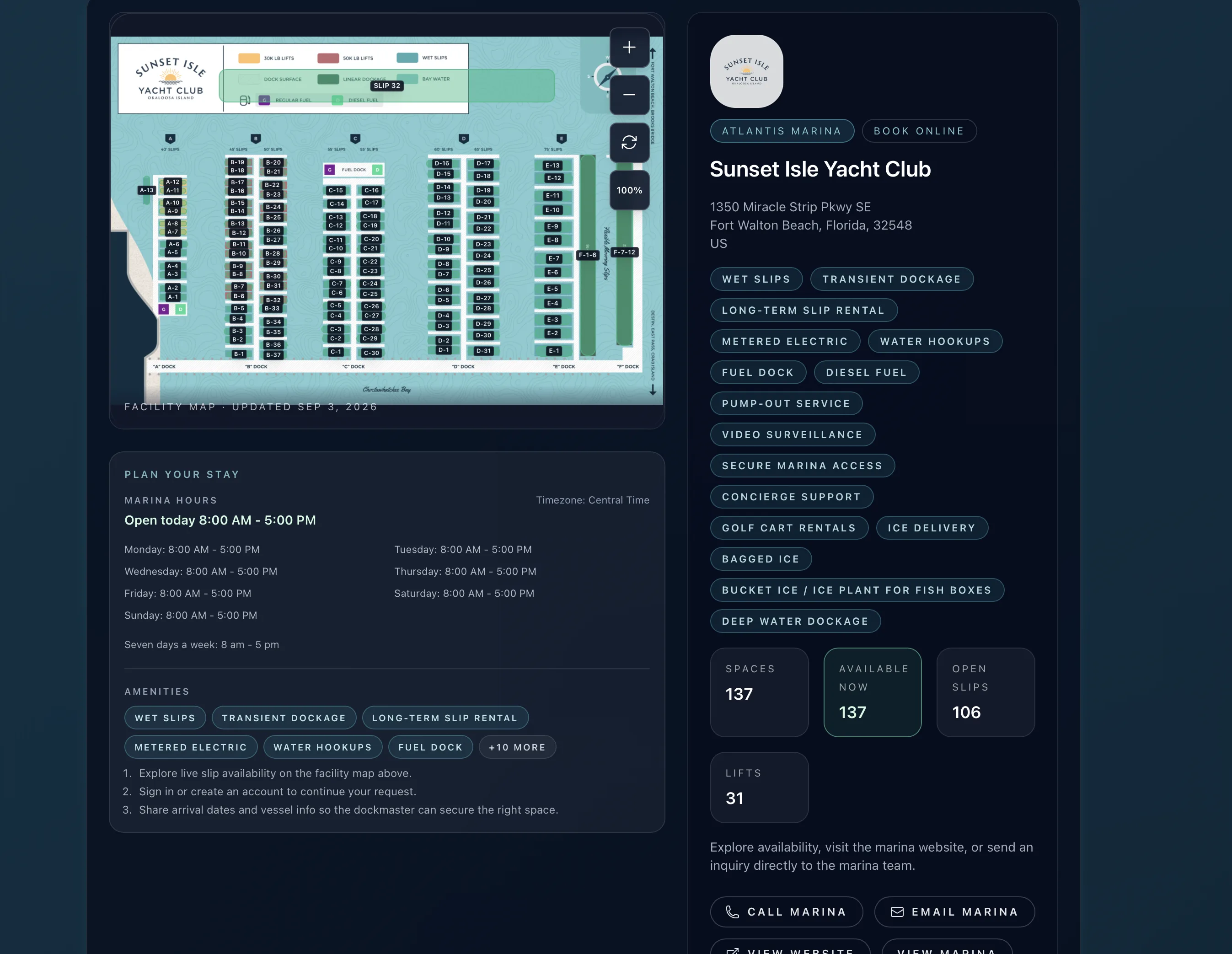 Sunset Isle Yacht Club production facility map on the Atlantis Marina platform, captured September 14, 2026